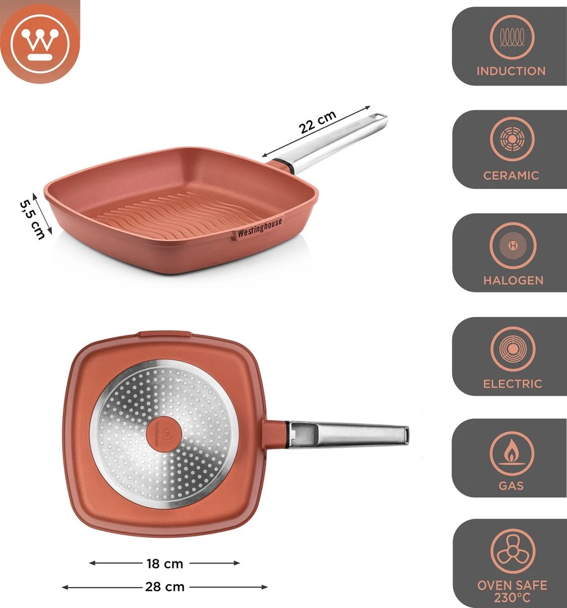 Westinghouse Pannenset Performance (Wokpan + Grillpan) ø 28 Cm - Rood - Inductie En Alle Andere Warmtebronnen - Afbeelding 8