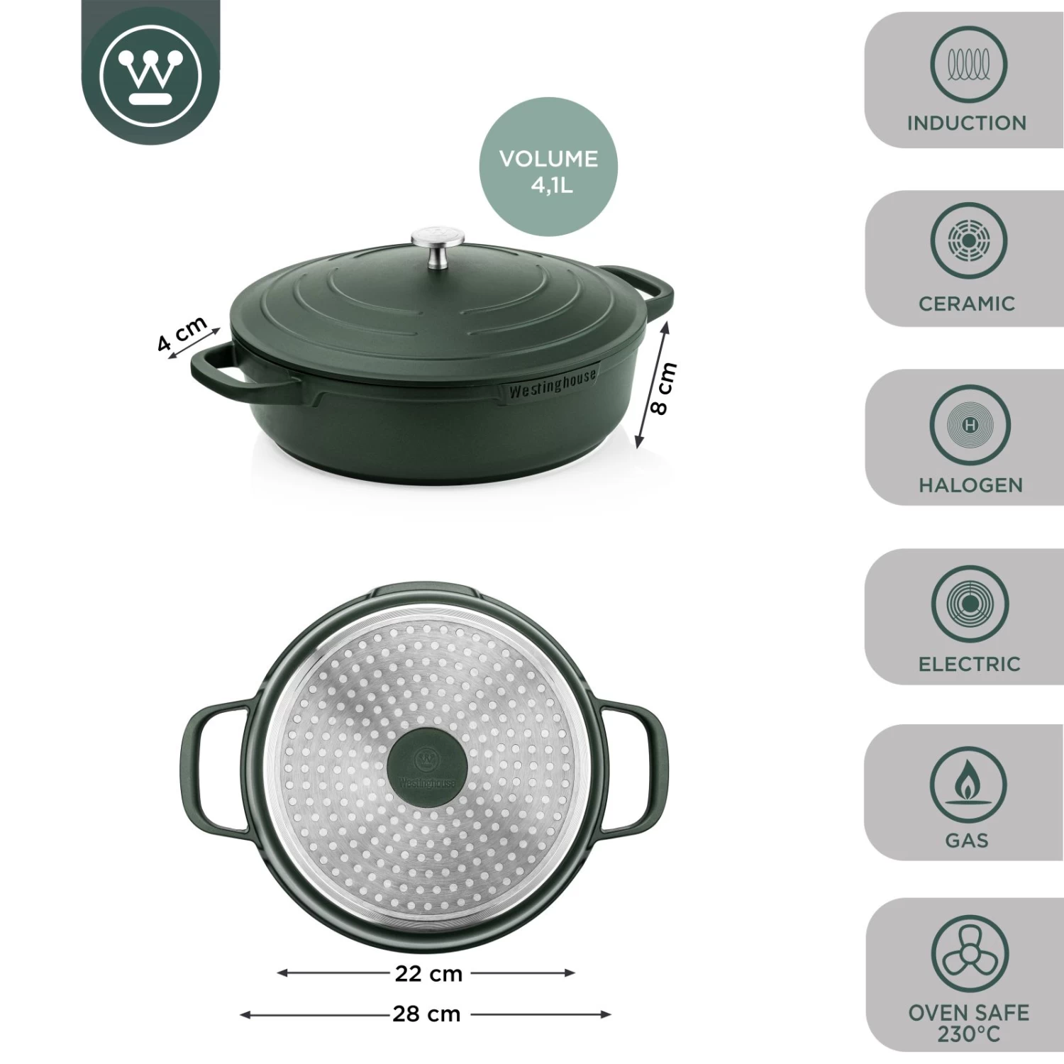 Westinghouse Hapjespan Performance - Gracious Green - ø 28 Cm / 4.1 Liter - Standaard Anti-aanbaklaag - Afbeelding 2